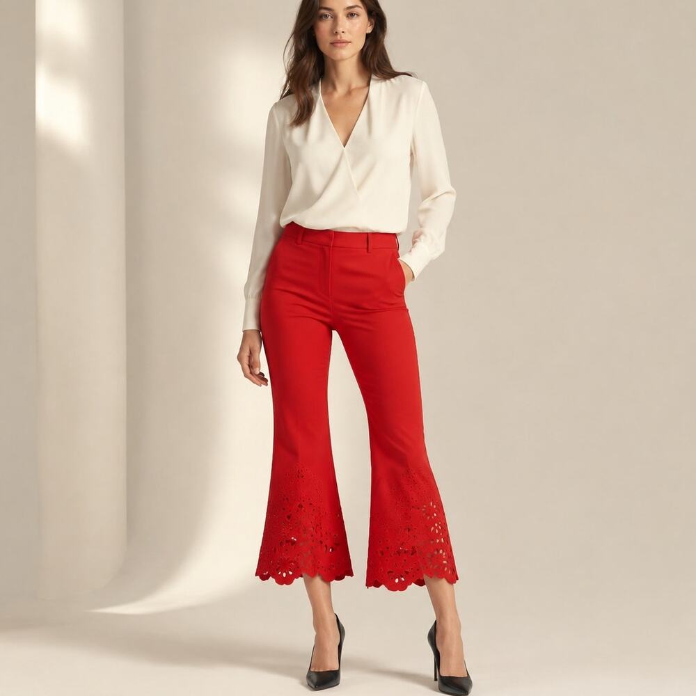 Derek Lam 10 Crosby Red Eyelet Scallop Hem Cropped Flare Pants Size 2